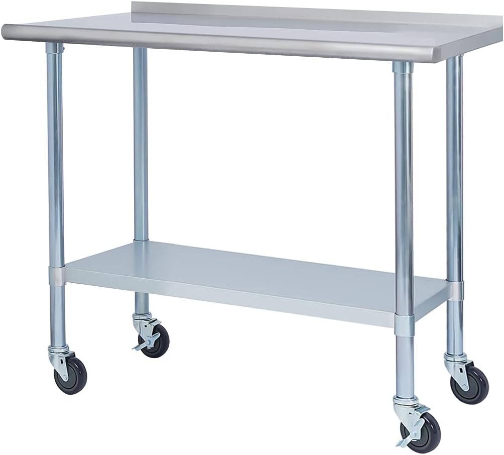 EASE-WAY Stainless Steel Metal Table NSF for Commercial Kitchen Prep & Work, 24 x 60 Inches Worktable with Backsplash, Adjustable Shelf and Caster Wheel, for Industrial Restaurant, Home and Garage