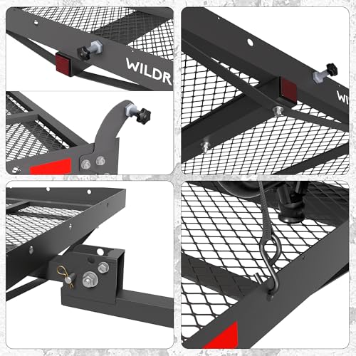 WILDROAD Hitch Cargo Carrier with Ramp 50" x 29" x 4" 500 LBS Folding Trailer Hitch Cargo Carrier Fits 2" Receiver with Hitch Stabilizer and 4pcs Ratchet Straps