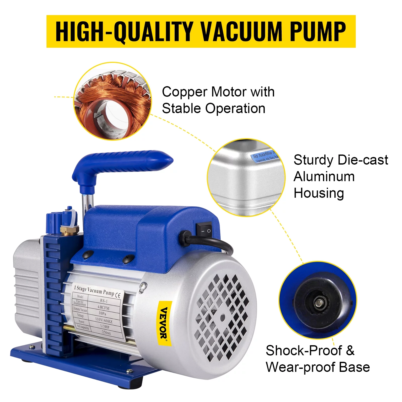 VEVOR Vacuum Pump 4.8CFM 1/4 HP Single Stage HVAC A/C Refrigeration Kit 5PA Ultimate Vacuum Manifold Gauge Set R410A R134A R22 HVAC AC, 4-Way Manifold Gauge and Hose for Air Conditioning Systems