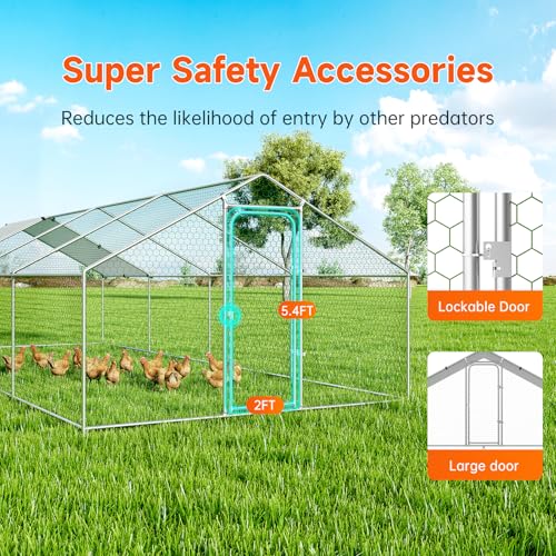 Large Metal Chicken Coop, Chicken Run Poultry Cage Hen with Water-Resident and Anti-UV Cover for Duck Rabbit House Outdoor Walk-in Chicken Pen for Yard, Dome Roof(10’ W x 19.7’ L x 6.4’ H)