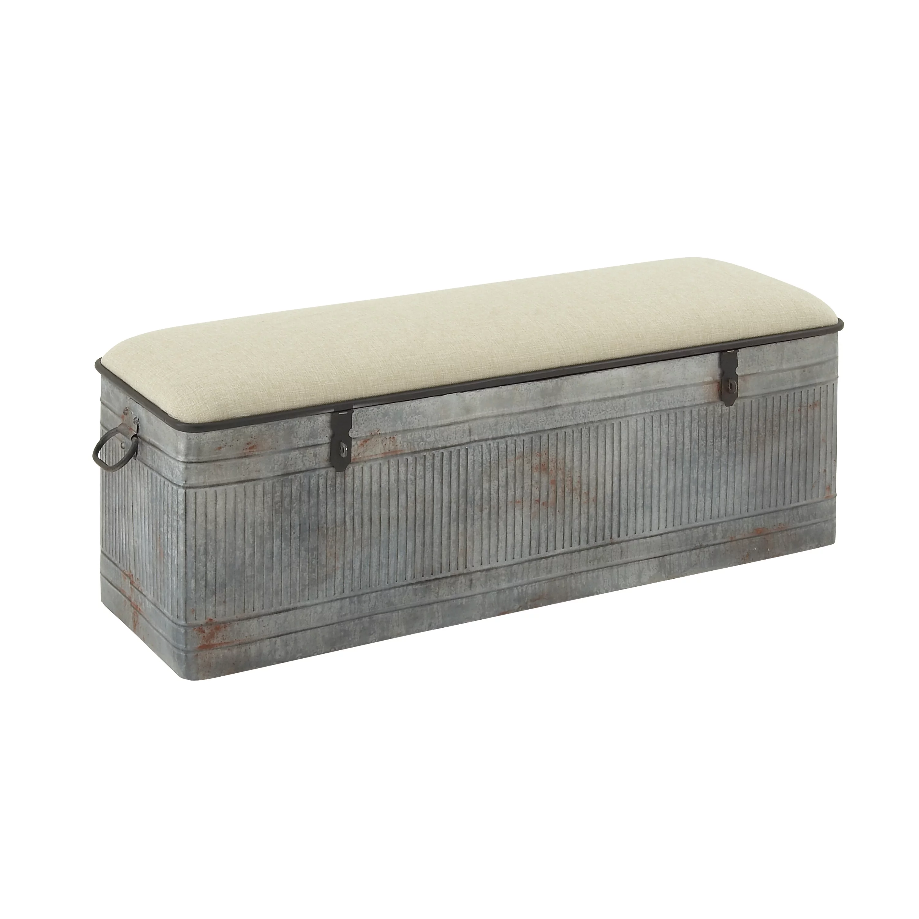 DecMode Metal Galvanized Storage Bench with Cream Burlap Top, Gray