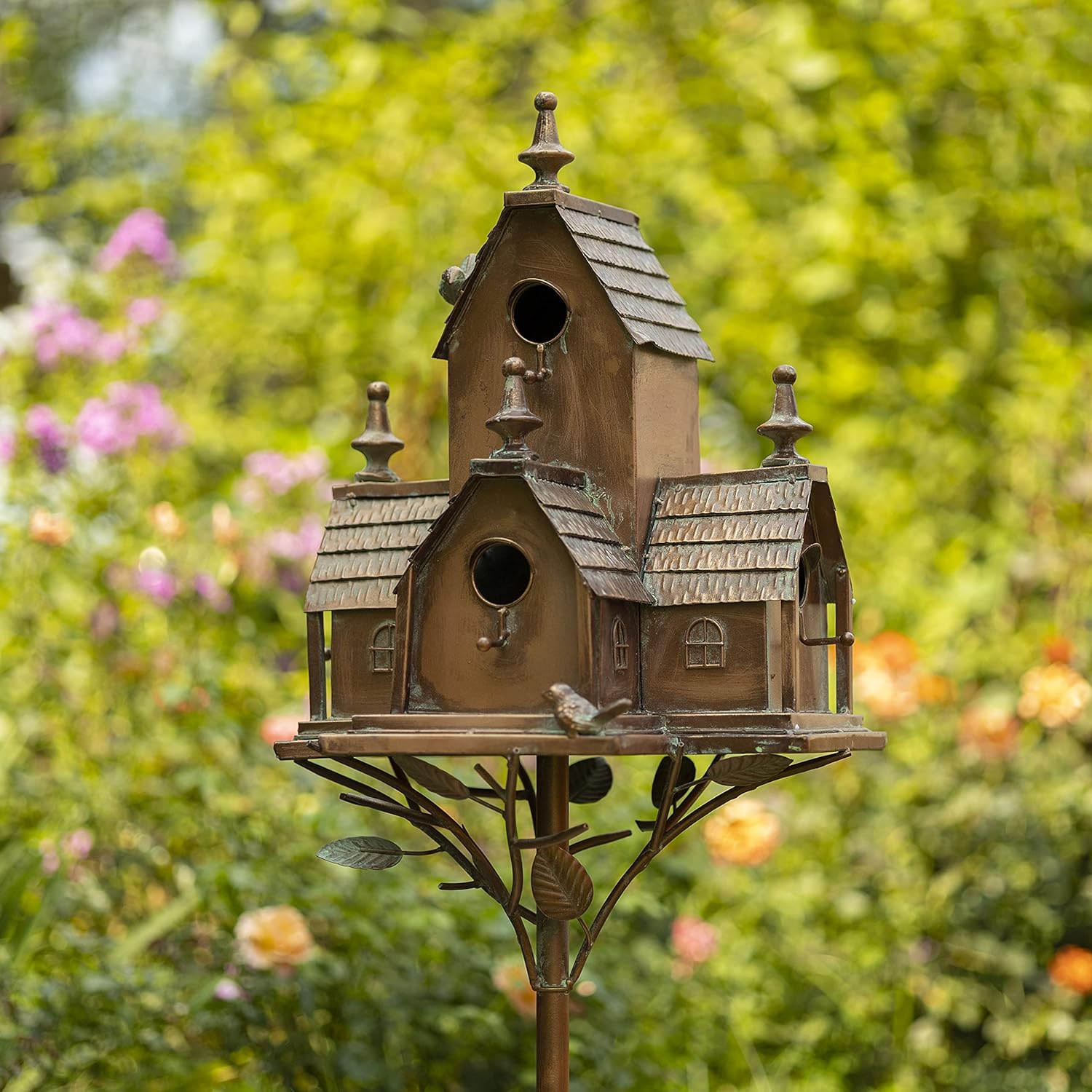 Zaer Ltd. Large Copper Colored Multi-Birdhouse Stakes, Room for 4 Bird Families in Each (Castle Home)
