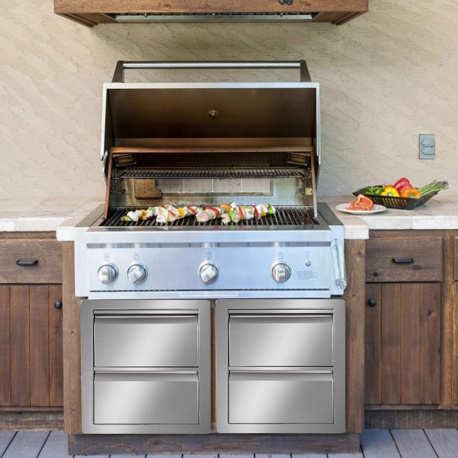 Hottoby Outdoor Kitchen Drawers Stainless Steel Double Access BBQ Drawers Box Frame Style Flush Mount for Outdoor Kitchen Cabinets& BBQ Island/Grill(18''x20''x15'' 304BBQ Storage Double Drawers)