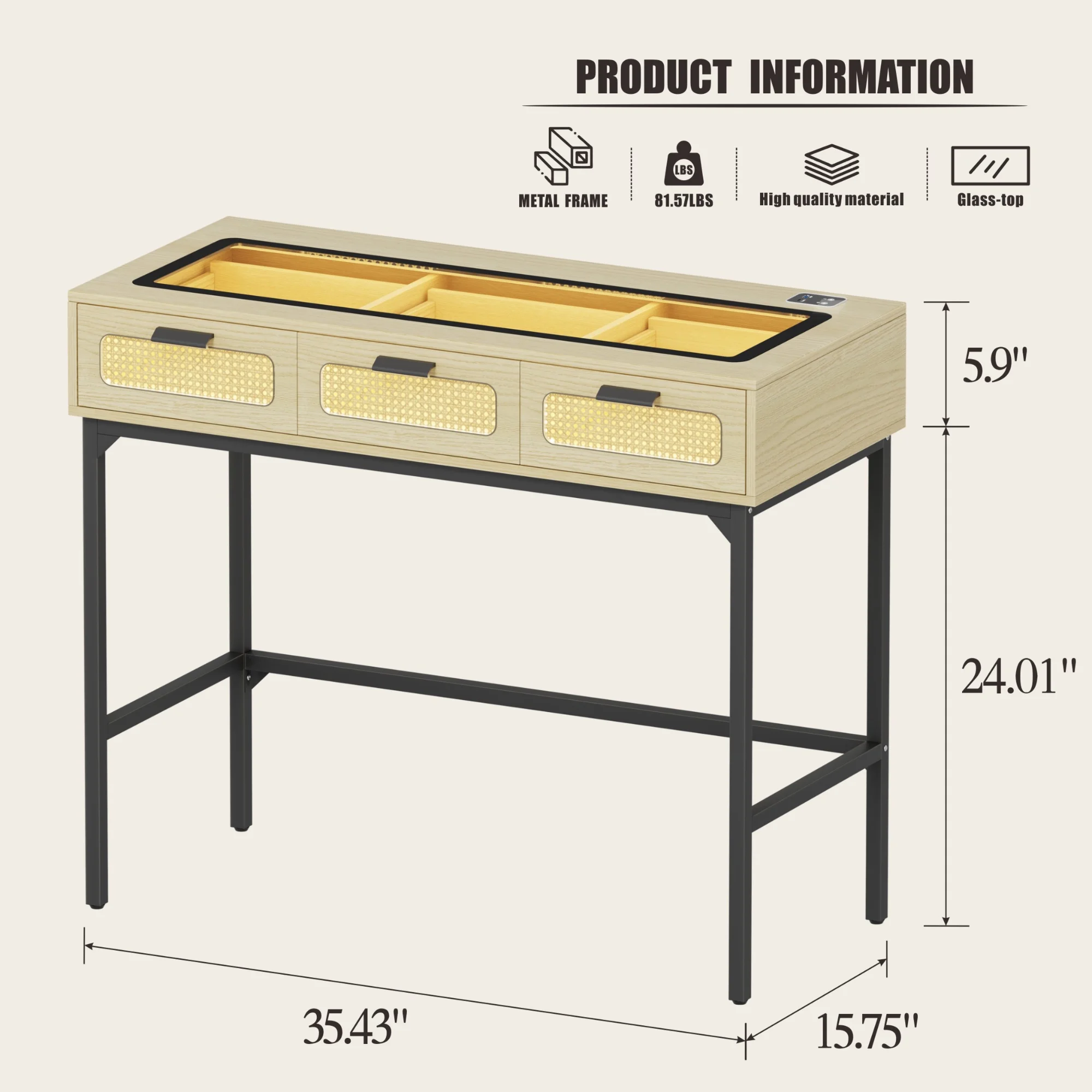 FREDEES Makeup Vanity Desk with 3 Color LED Lights & Glass Top Design & Charging Station, Wood