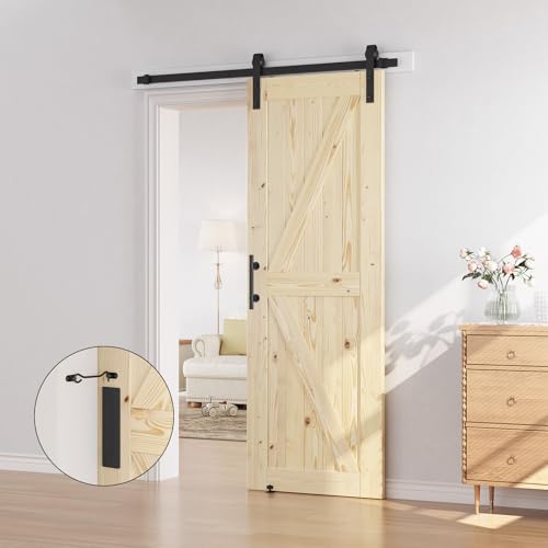 SMARTSTANDARD 36in x 84in Sliding Barn Door with 6.6ft Barn Door Hardware Kit Included, Unfinished Solid Spruce Wood Door, Assembly Required, DIY, Stainable, Natural