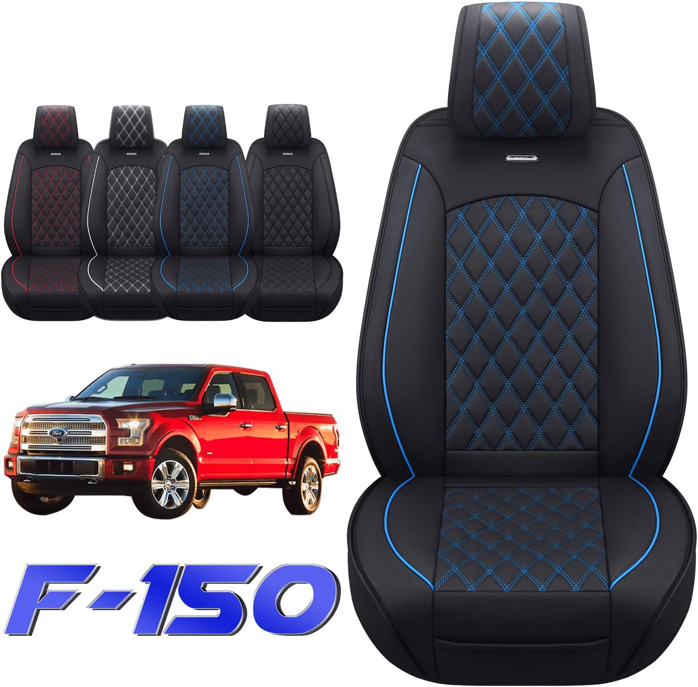 Aierxuan Car Seat Covers Full Set with Waterproof Leather, Automotive Vehicle Cushion Cover for Cars SUV Pick-up Truck Fit for 2009 to 2022 Ford F150 and 2017 to 2022 F250 F350 F450(Black and Blue)