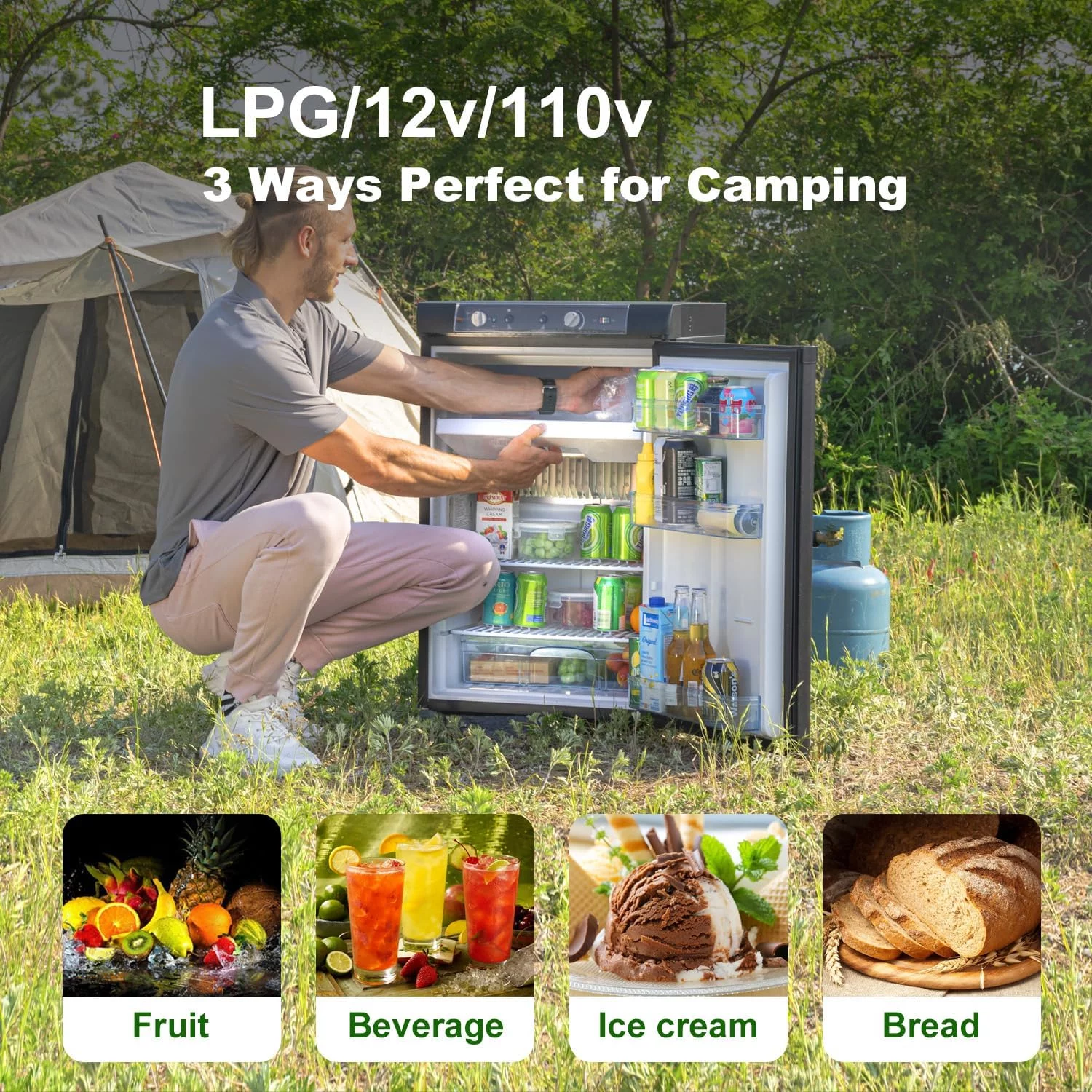SMAD 3.5 Cu ft 3 Way Fridge, Refrigerator Freezer Combo, 12V/110V/LPG Camping Offgrid RV Travel Cabin Truck Outdoor