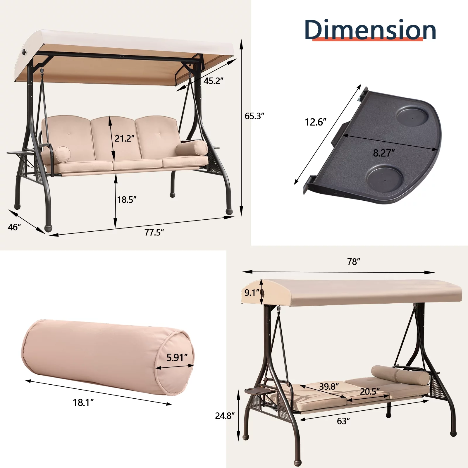 NOBLEMOOD 3-Seat Patio Porch Swing with Adjustable Canopy, Thickened Cushion & Foldable Tray, Khahi