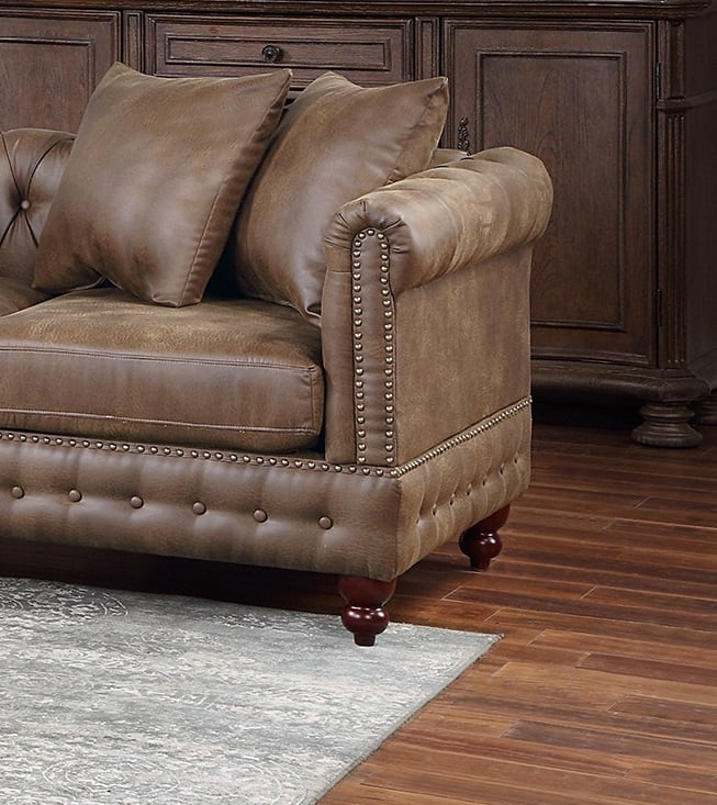 Dark Coffee Breathable Leatherette Solidwood Sectional 4pc Set Reversible Chaise Ottoman Tufted Couch Pillows Living Room
