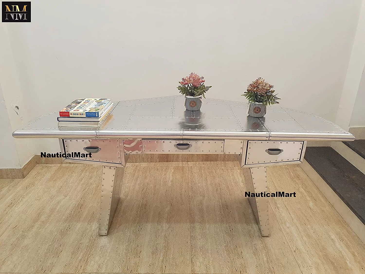 NauticalMart Aviator Executive Fighter Jet Wing Desk Polished Aluminum Home Office Furniture (78 Inches)