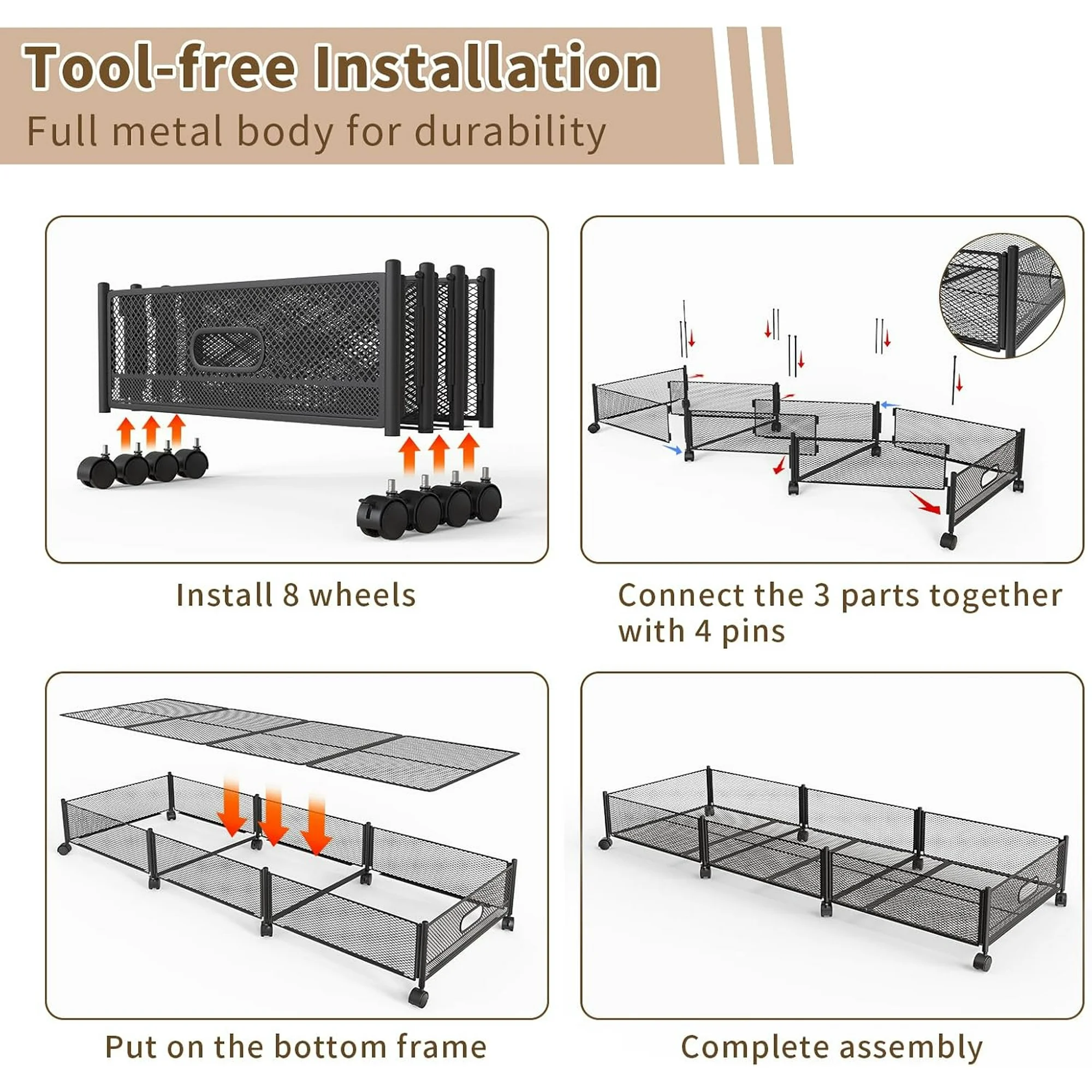 47.2'' Long Under Bed Storage on Wheels, 57.6L Large Capacity Rolling Under the Bed Storage Containers, Tool-Free Assembly Foldable Underbed Shoes Clothes Toy Drawers