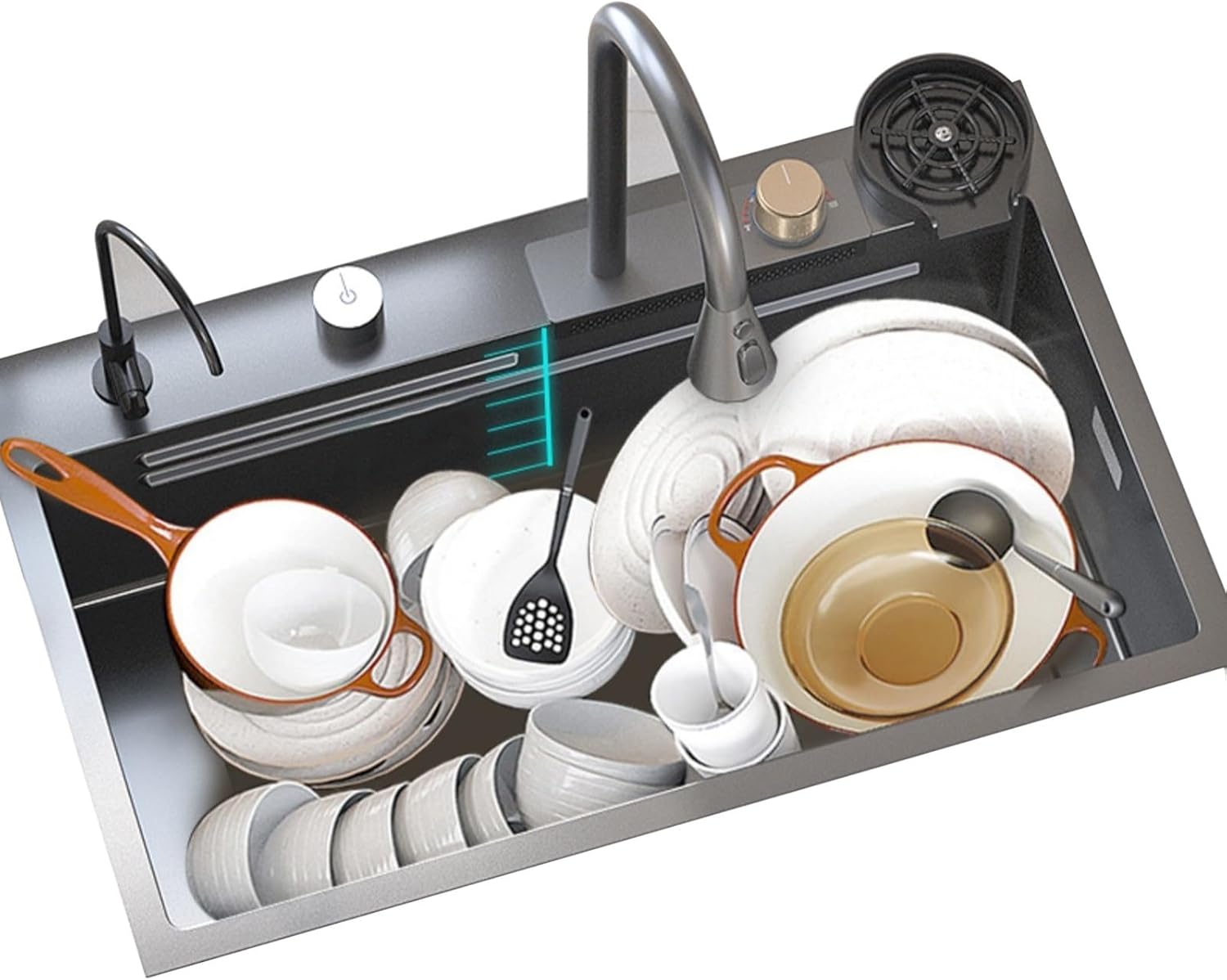 Workstation Kitchen Sink, Single Bowl Waterfall Home Sink, Cup Washer