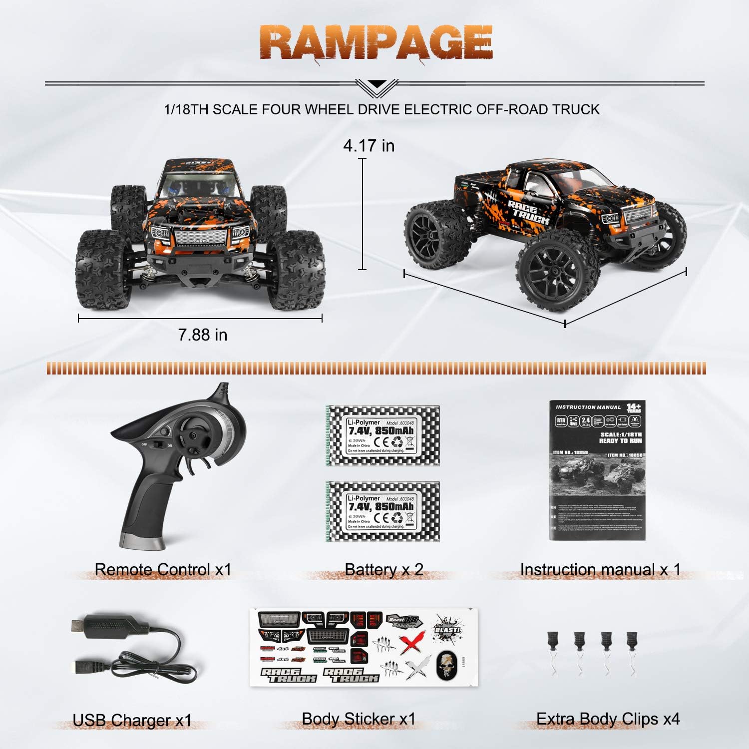 1:18 Scale RC Monster Truck 18859E 36km/h Speed 4X4 Off Road Remote Control Truck,Waterproof Electric Powered RC Cars All Terrain Toys Vehicles with 2 Batteries,Excellent Xmas Gifts for kid and Adults