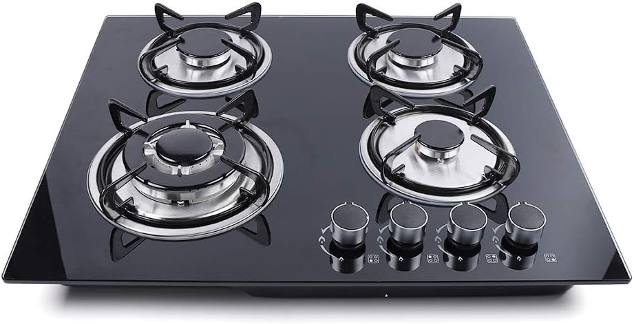 Gas Stove Cooktop 23x20 Inches Built in Gas Cooktop with 4 Burners, Portable Black Tempered Glass Stove Burner Cast Iron with NG/LPG Conversion Kit for RVs,Apartments,Outdoor,Black
