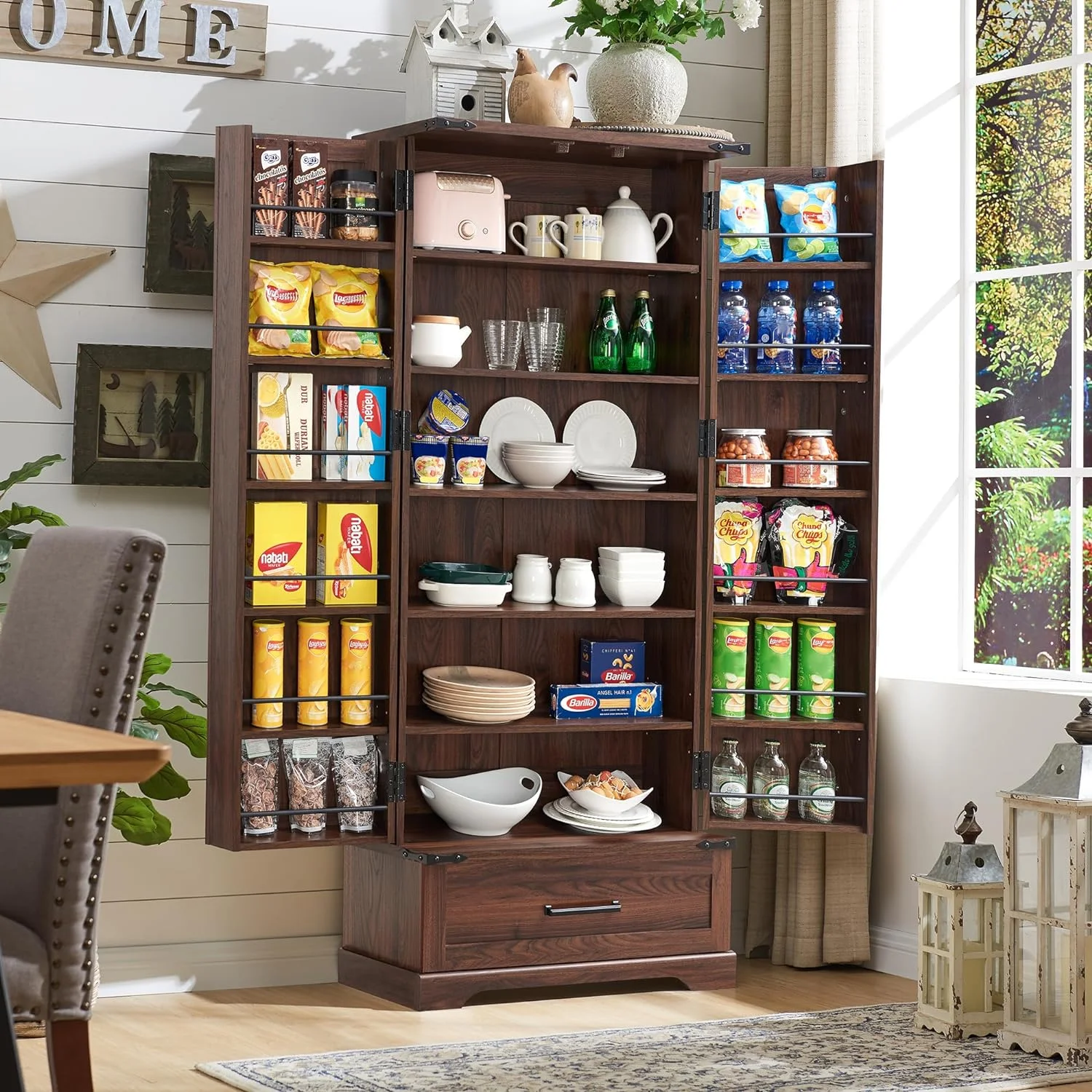 ACCOHOHO Farmhouse 72" Tall Kitchen Pantry Cabinet with 2 Doors, Large Drawer Shelves Wood Storage Cabinet for Dining Room Living Room, Brown