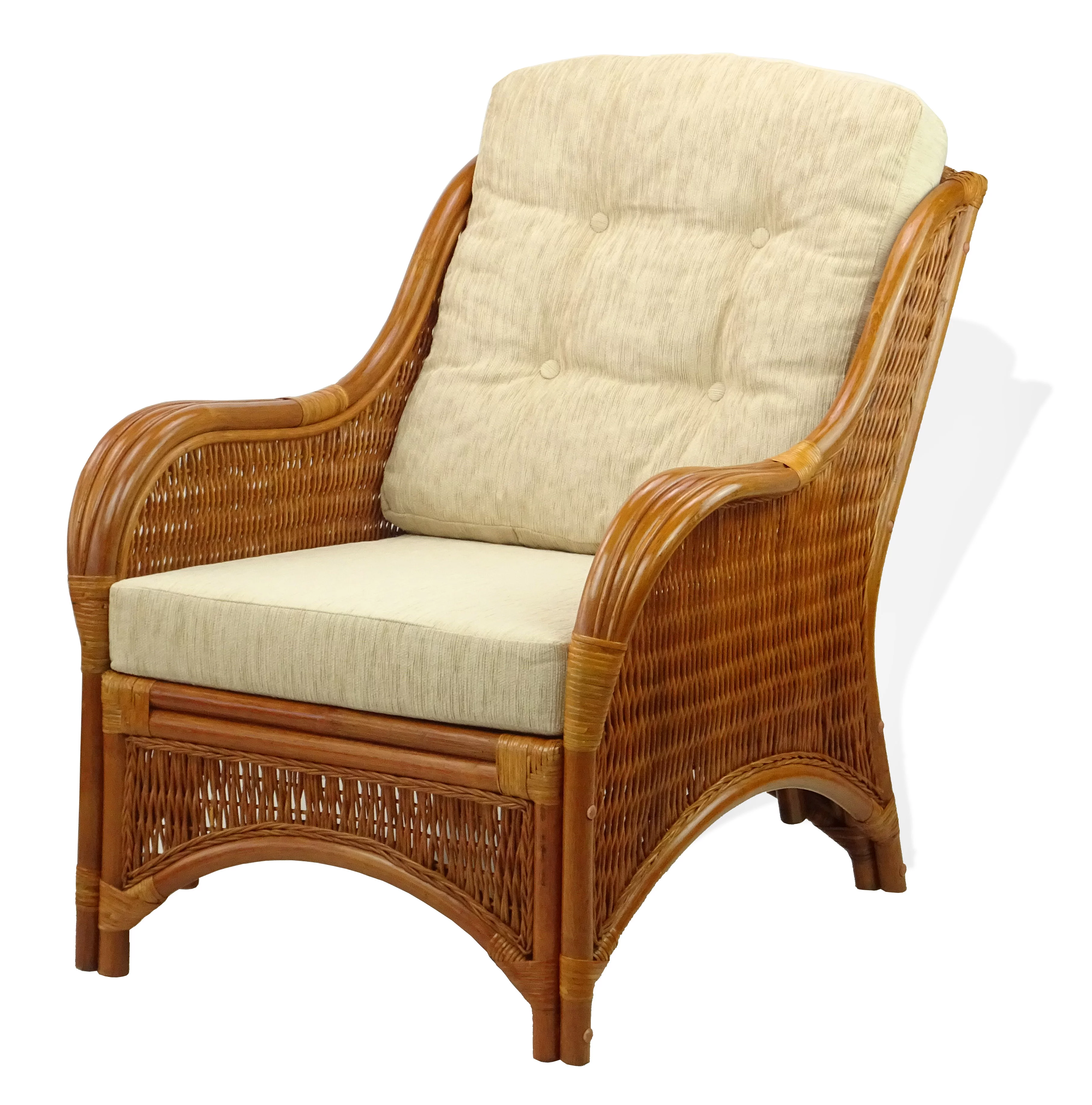 Jam Living Set of 2 Natural Rattan Wicker Lounge Chairs, Loveseat with Cream Cushions and Coffee Table w/Glass Handmade, Colonial