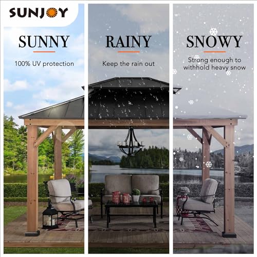 Sunjoy Wood Gazebo with Double Steel Hardtop Roof for Garden, Backyard Shade