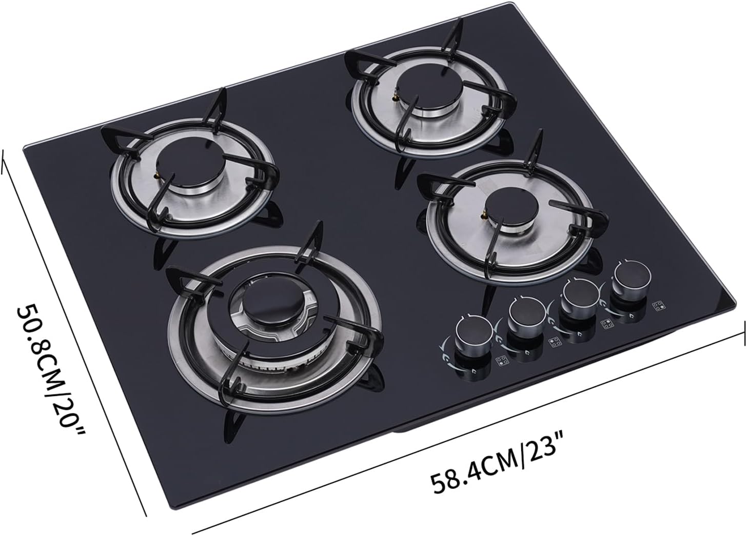 23'' Gas Stove Cooktop, Built in Gas Cooktop 4 Burners Stainless Steel Stove, LPG/NG Kitchen Cooker Thermocouple Protection, Easy to Clean Tempered Glass LPG/NG Gas Cooktop