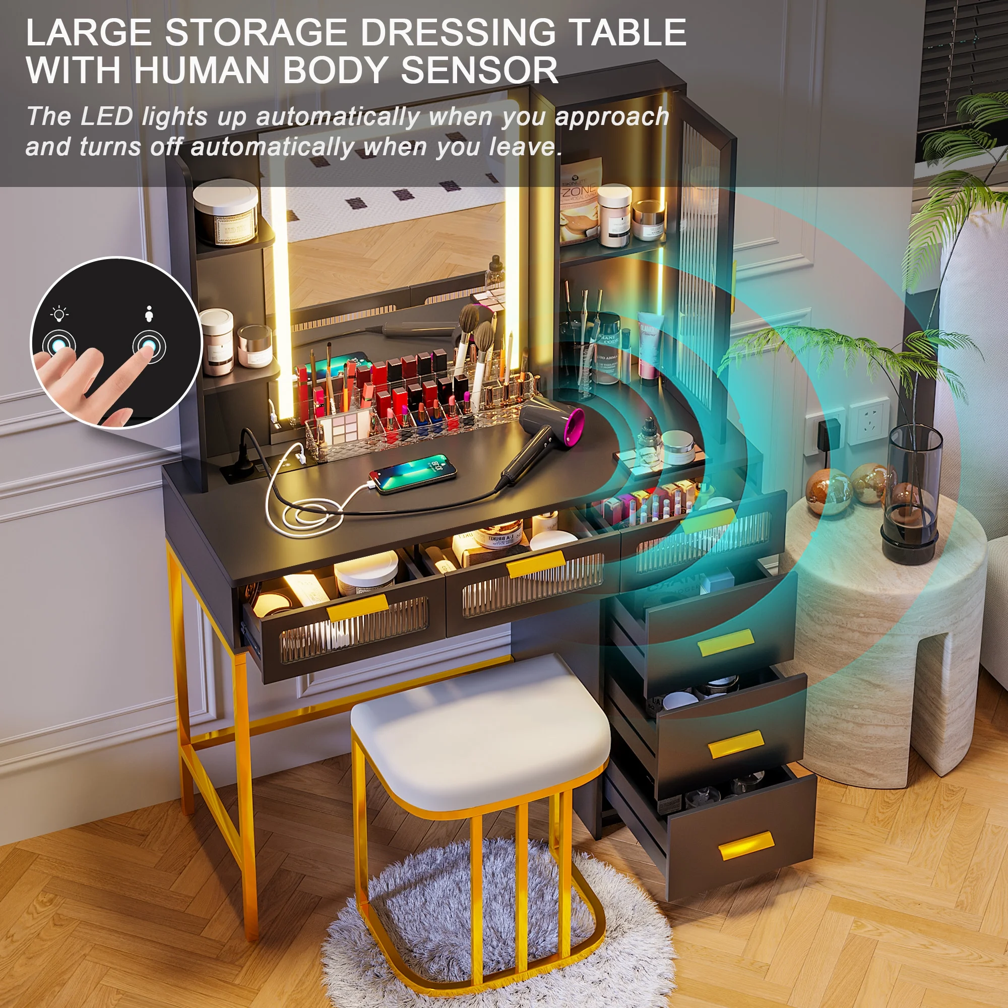 HNEBC Makeup Vanity with Lights, Vanity Table Set with LED Mirror, Vanitys with 6 Drawers/Stool, Vanity Makeup Desk with Charging Station, With Senser Mode Dressing Table as Gifts for Women