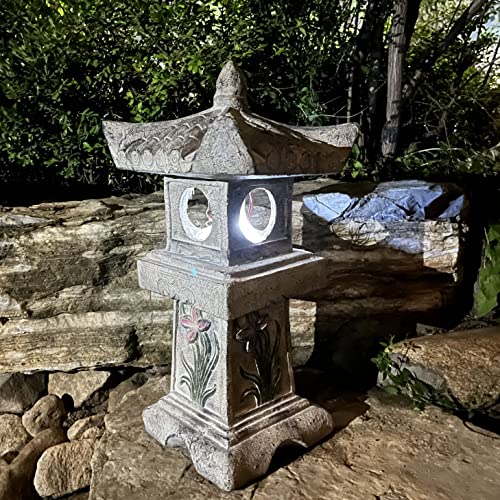 23.6’’High Asian Orchid Pagoda Statue Solar-Powered LED Light Miniature Tower Lantern Garden Decoration Figurines Solar Lamp Outdoor Japanese Decoration Zen Courtyard Landscape