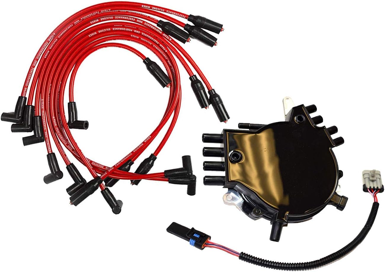 A-Team Performance - Complete Optispark Spline Drive Distributor with Spark Plug Wires - Compatible with Chevy Chevrolet GMC 95-97 LT1 LT4 Corvette Camaro V8 5.7L Black Cap Pack of 2