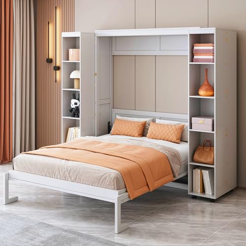 KLMM Wooden Murphy Bed Wall Bed with 2 Wardrobe and Storage Shelf,Foldable Platform Bedframe for Guest-Room Bedroom Study Office Use (White#E, Full)