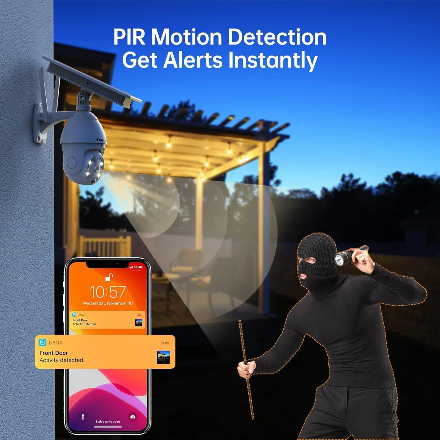 Solar Security Camera Outdoor, Wireless 360° Pan Tilt PIR Motion Detection, Solar Powered Camera 365days Non-Stop, 2-Way Talk, Spotlight Color Night Vision IP66 Waterproof 2.4G WiFi for Home Security