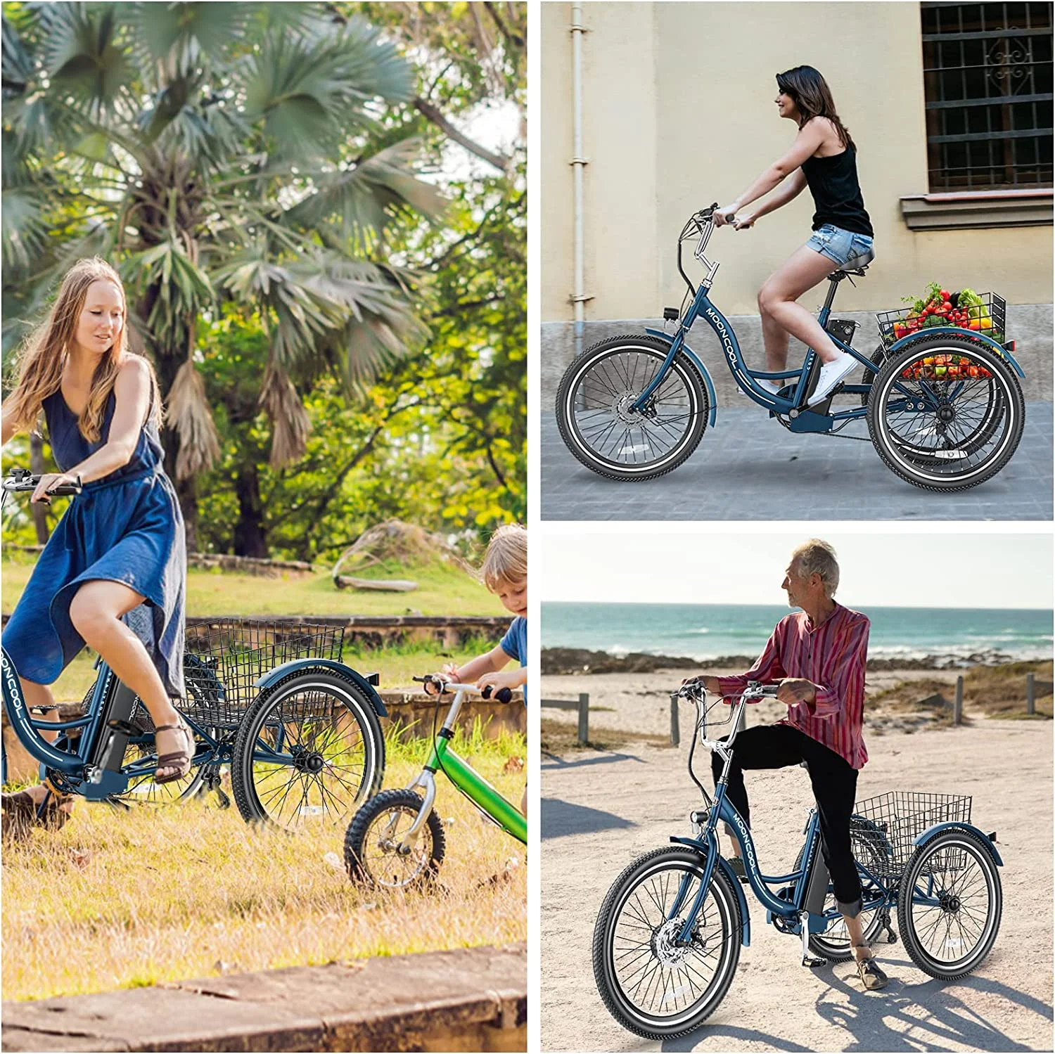 MOONCOOL Electric Tricycle, 350W 36V 24 Inches 7 Speeds 3 Wheels Electric Bikes for Adults, Motorized Electric Trike Three Wheel Electric Bicycle