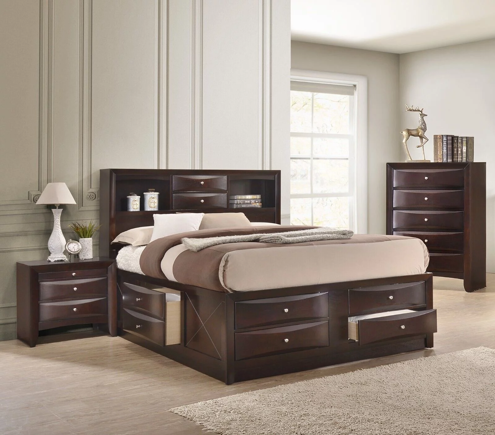 Contemporary Queen Size 3pc Bedroom Set Storage Bed Chest Nightstand Brown Cherry Finish Solid Wood Furniture
