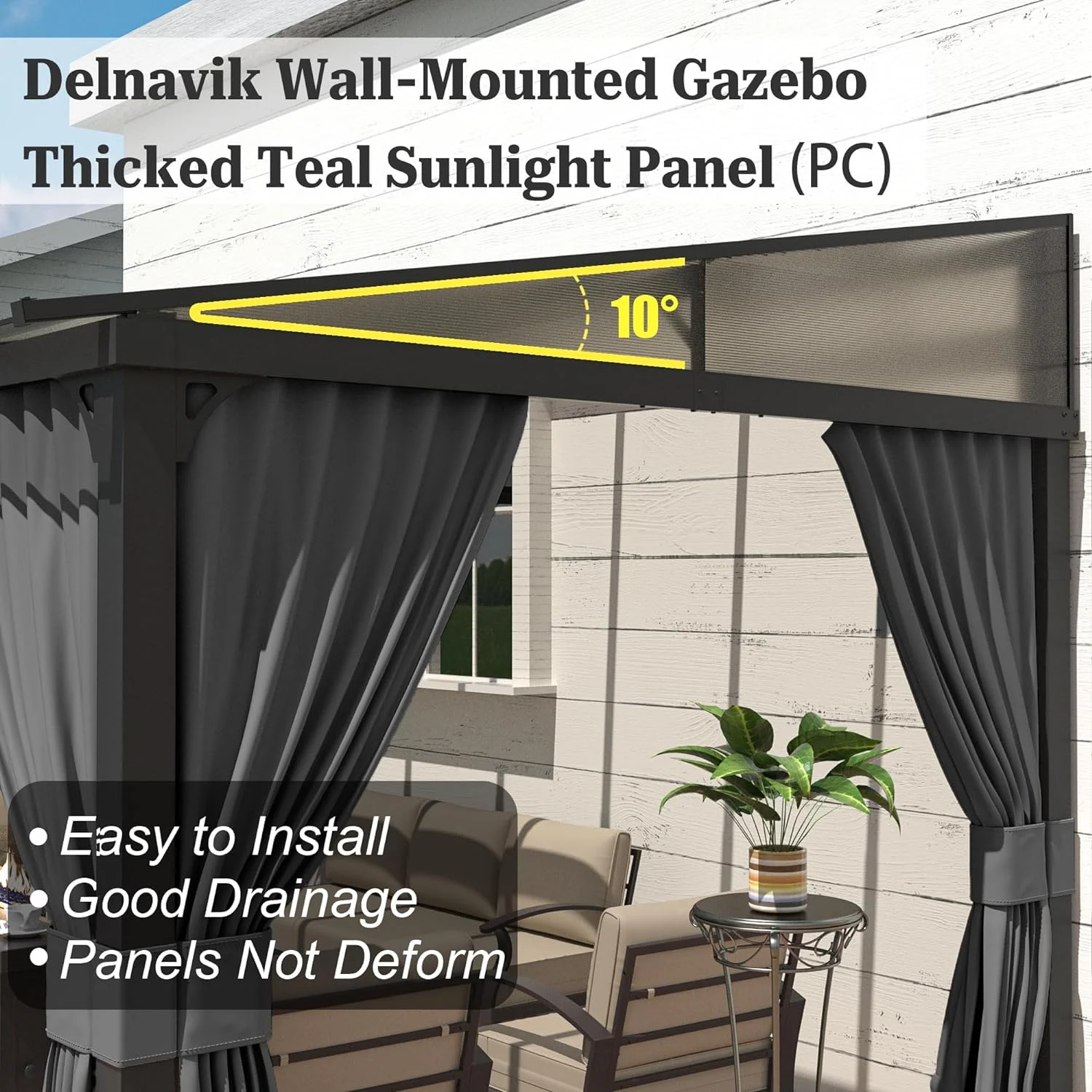 Outdoor Lean to Gazebo 10x24FT, Hardtop Wall Mounted Gazebo with Sloping Sun Panel Roof, Awnings for Patio with Metal Frame, Double Curtains for Garden, Lawn, Backyard Deck, Grey