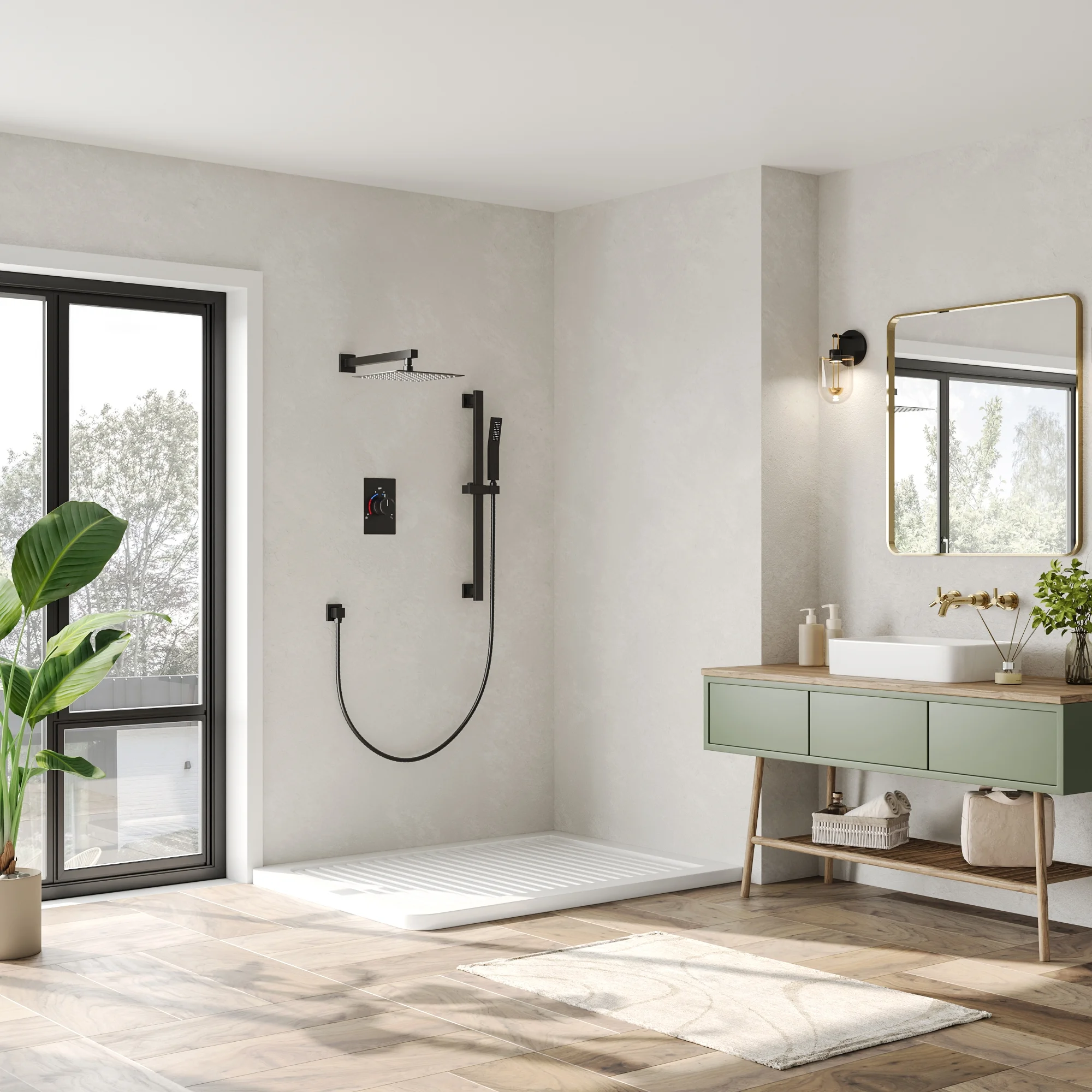 EVERSTEIN Bathroom Shower Faucet Set with Handheld, & Adjustable Slide Bar Wall Mount 10 in. Shower Head Shower System with Balanced Valve Trim Kit CEC 1.8 GPM For CA, Matte Black