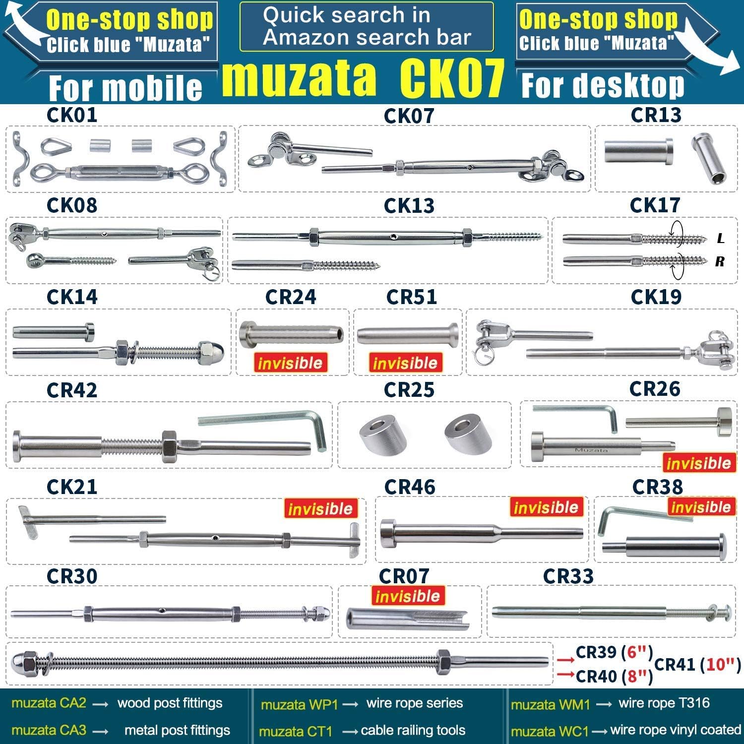 Muzata 10Set 1/8 Cable Railing Kit Hardware Turnbuckle M5 Eye to Eye CK01 and 165Ft Wire Rope WR01 and CR12 for Wood Post Stainless Steel Angle Adjustable WoodLoft System 10 Cable Lines,CA4 CA5