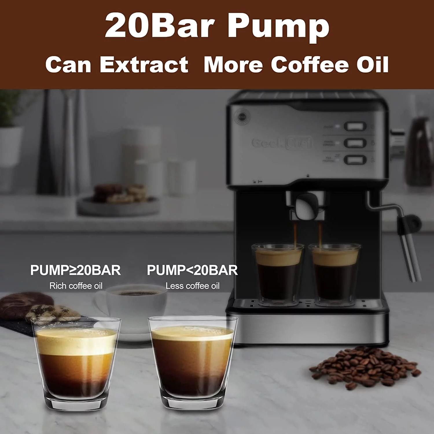 Geek Chef Espresso Machine 20 Bar, Cappuccino latte Maker Coffee Machine with ESE POD capsules filter&Milk Frother Steam Wand, 1.5L Water Tank, for Home Barista, Stainless steel 950W, Black