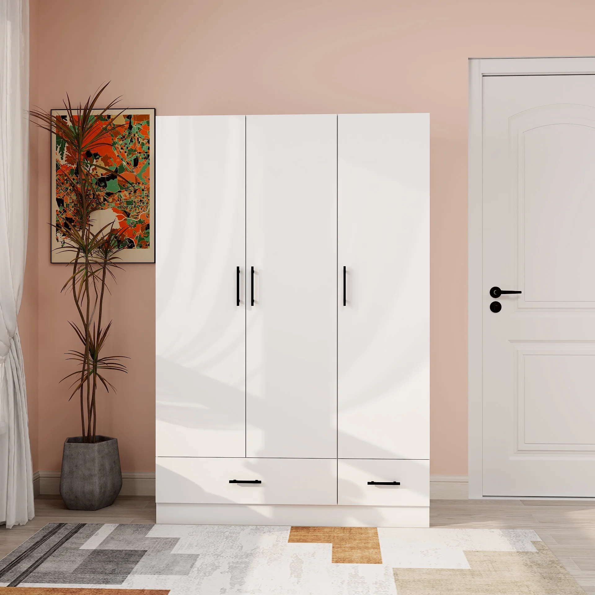 ModMakers Wood Wardrobe Armoire Closet, 3-Door Wooden Closet Storage Cabinet with Drawers & Hanging Rod for Bedroom, White - Curated Treasures Market