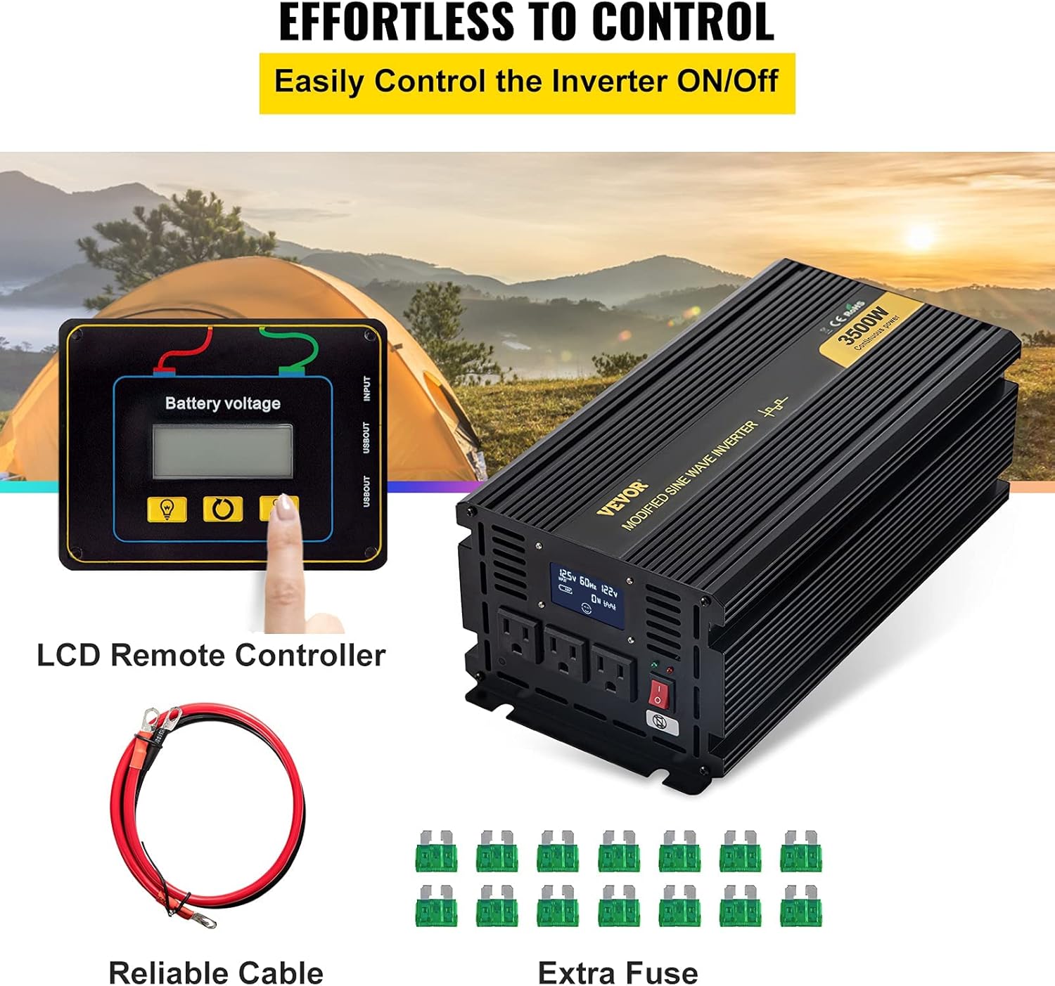 VEVOR Power Inverter, 3500W Modified Sine Wave Inverter, DC 12V to AC 120V Car Converter, with LCD Display, Remote Controller, LED Indicator, AC Outlets Inverter for Truck RV Car Boat Travel Camping