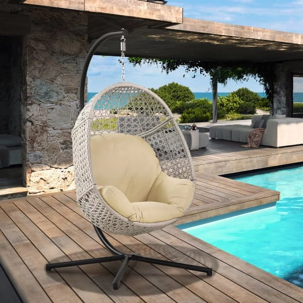 Large Hanging Egg Chair with Stand & UV Resistant Cushion Hammock Chairs with C-Stand for Outdoor Indoor Space - Curated Treasures Market