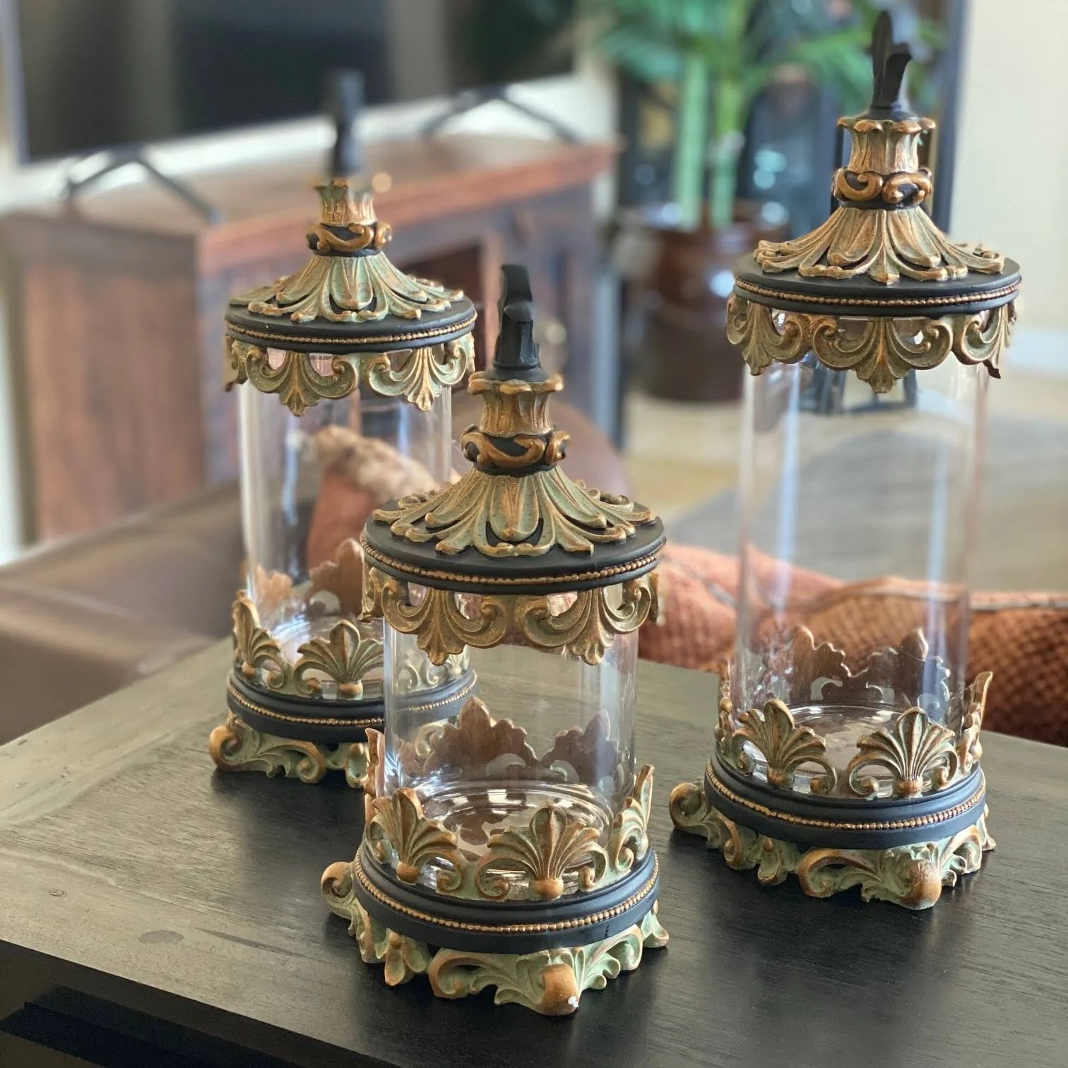 Antiqued Gold Fleur-de-lis 3-Piece Glass Cylinder Canister Set