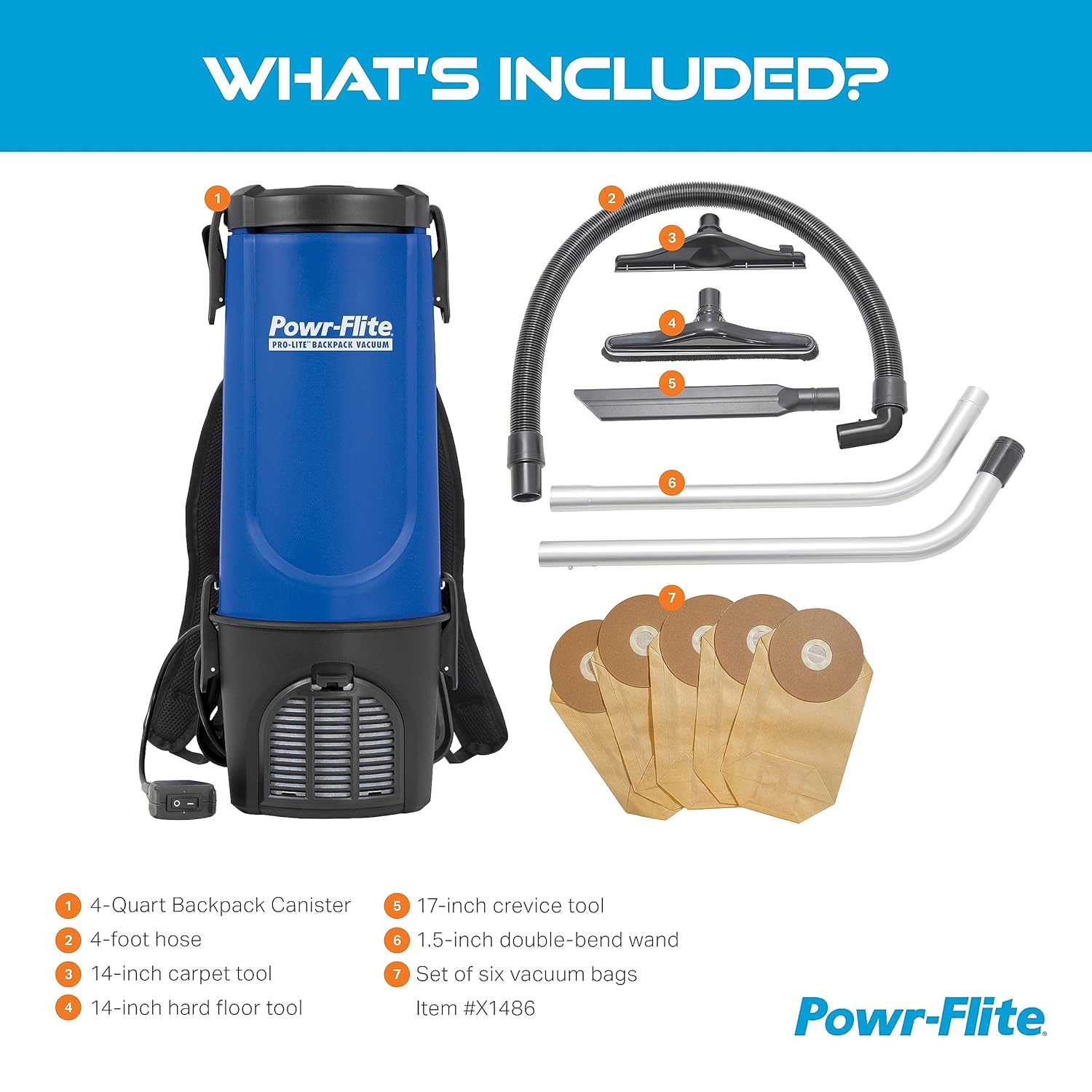 Powr-Flite Pro-Lite Backpack Vacuum Commercial Grade 4-Quart Canister Vacuum Cleaner, Portable Vacuum with Tool Kit, BP4S
