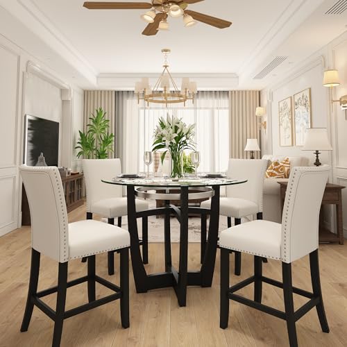 Glass Counter Height Bar Table Stools Set of 2, 42" Round Tempered Glasstop Counter Height Table Stools Set 26"H Barstools Chairs with Upholstered Back for Bar Kitchen Restaurant, Ivory White
