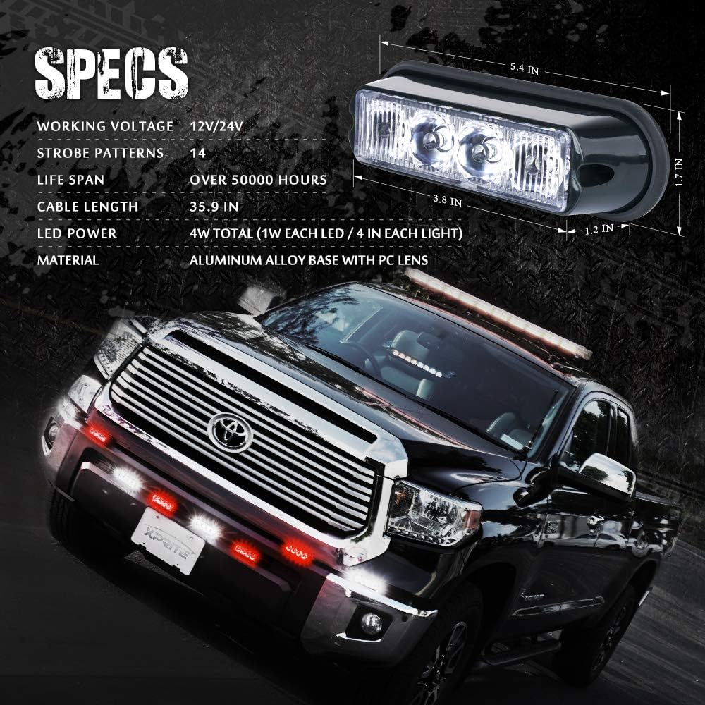 Xprite Amber Yellow & Green 4 LED 4 Watt Emergency Vehicle Waterproof Surface Mount Deck Dash Grille Strobe Light Warning Police Light Head with Clear Lens - 8 Pack Pack of 2