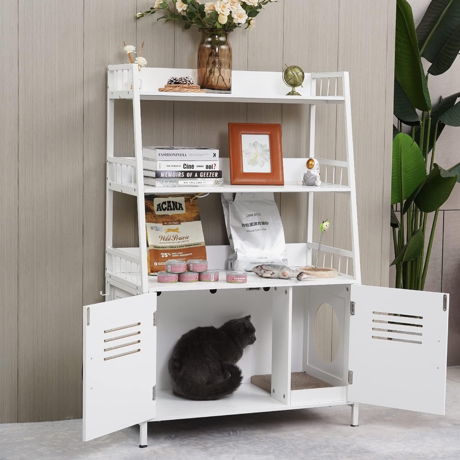 Hidden Cat Litter Box Enclosure Furniture with Shelf Storage and 2 Doors, Wooden Cat Cabinet Sturdy Cat Washroom with Scratch Pad White