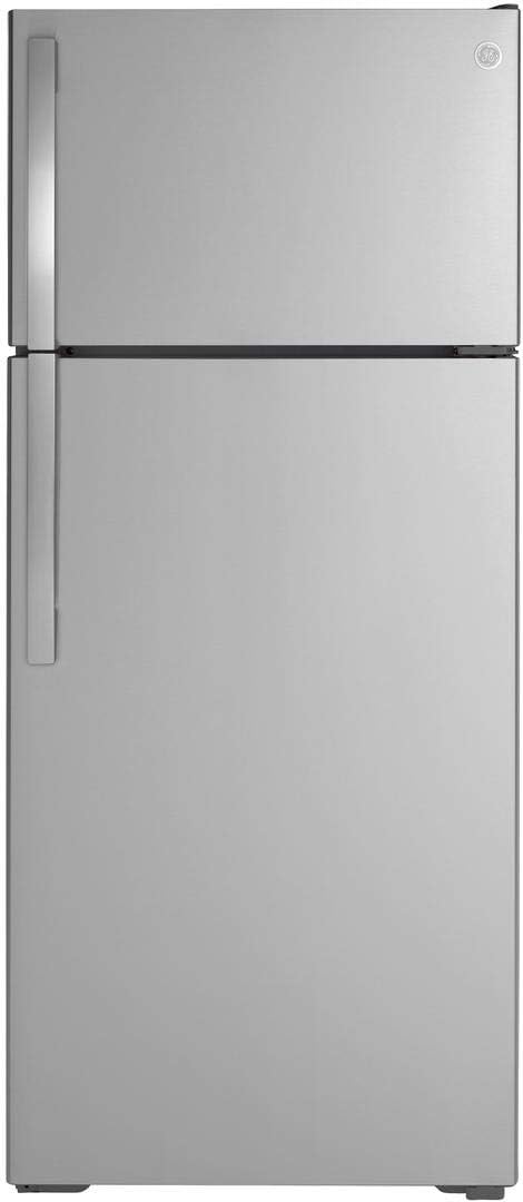 GE GIE18GSNRSS 28" Energy Star Top Freezer Refrigerator with 17.52 cu. ft. Capacity LED Lighting Edge-to-Edge Glass Shelves Sliding Deli Drawer and Upfront Temperature Controls in Stainless Steel