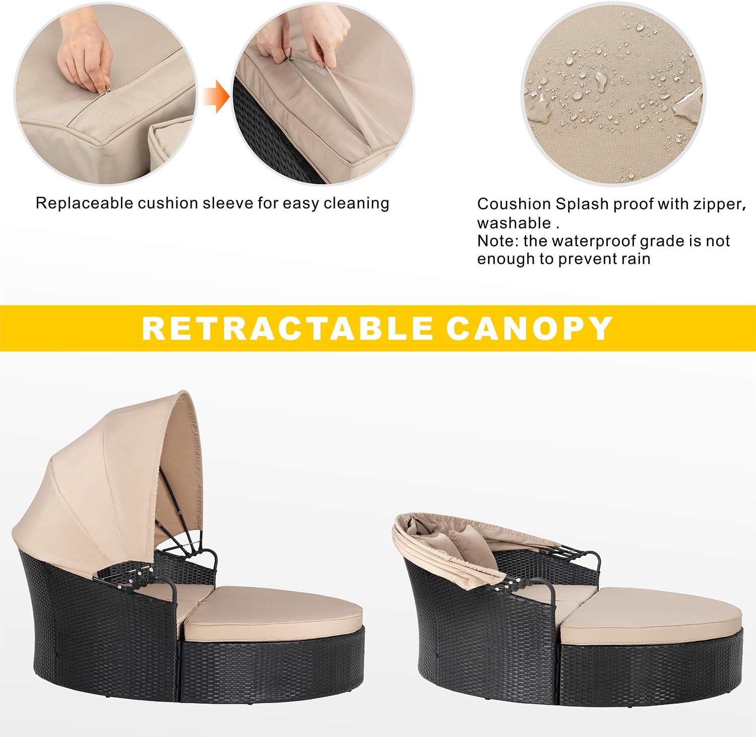 JY QAQA Patio Furniture Outdoor Lawn Backyard Poolside Garden Round Daybed with Retractable Canopy Wicker Rattan Sectional Round Sofa, Seating Separates Cushioned Seats Beige…