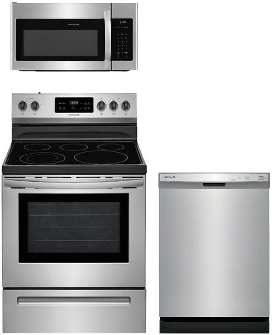 3 Piece Kitchen Appliance Package with FFEF3054TS 30 Electric Range FFCD2418US 24 Built In Dishwasher and FFMV1846VS 30 Over the Range Microwave in Stainless Steel