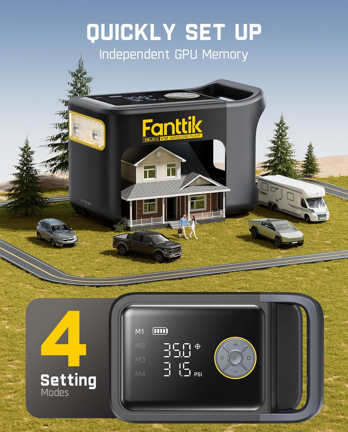 Fanttik X9 Ultra™ Portable Tire Inflator for Pickup Truck, RV | 3-in-1 Air Pump, Power Station, Flashlight | 6× Faster Inflator with Digital Gauge | Air Compressor for Light Truck, SUV, Compact Car