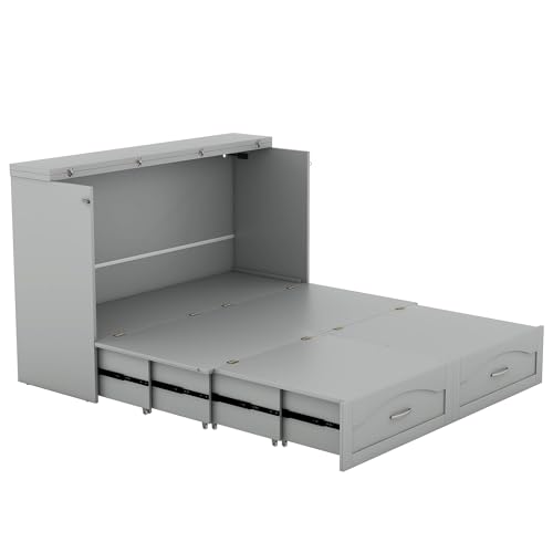 Convertible Murphy Bed 2-In-1 Wall Bed Solid Wood Murphy Cube Bed w/Drawer&Sockets/USB Ports for Teen Adult, Folding Storage Chest Bed Platform Bed Frame w/Headboard for Home Office Dorm (Queen,Grey)