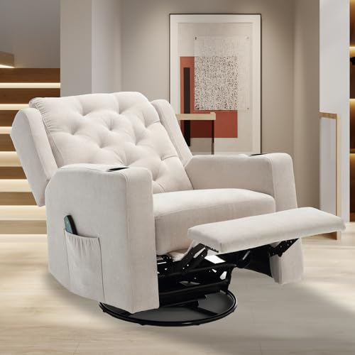 Oversized Swivel Rocker Recliners with Wide Seat Tufted Fabric Manual Recliner Chair with Cup Holders for Living Room, Nursery Rocking Glider Chairs (Beige, Large), Large(330lbs), WX1227GS