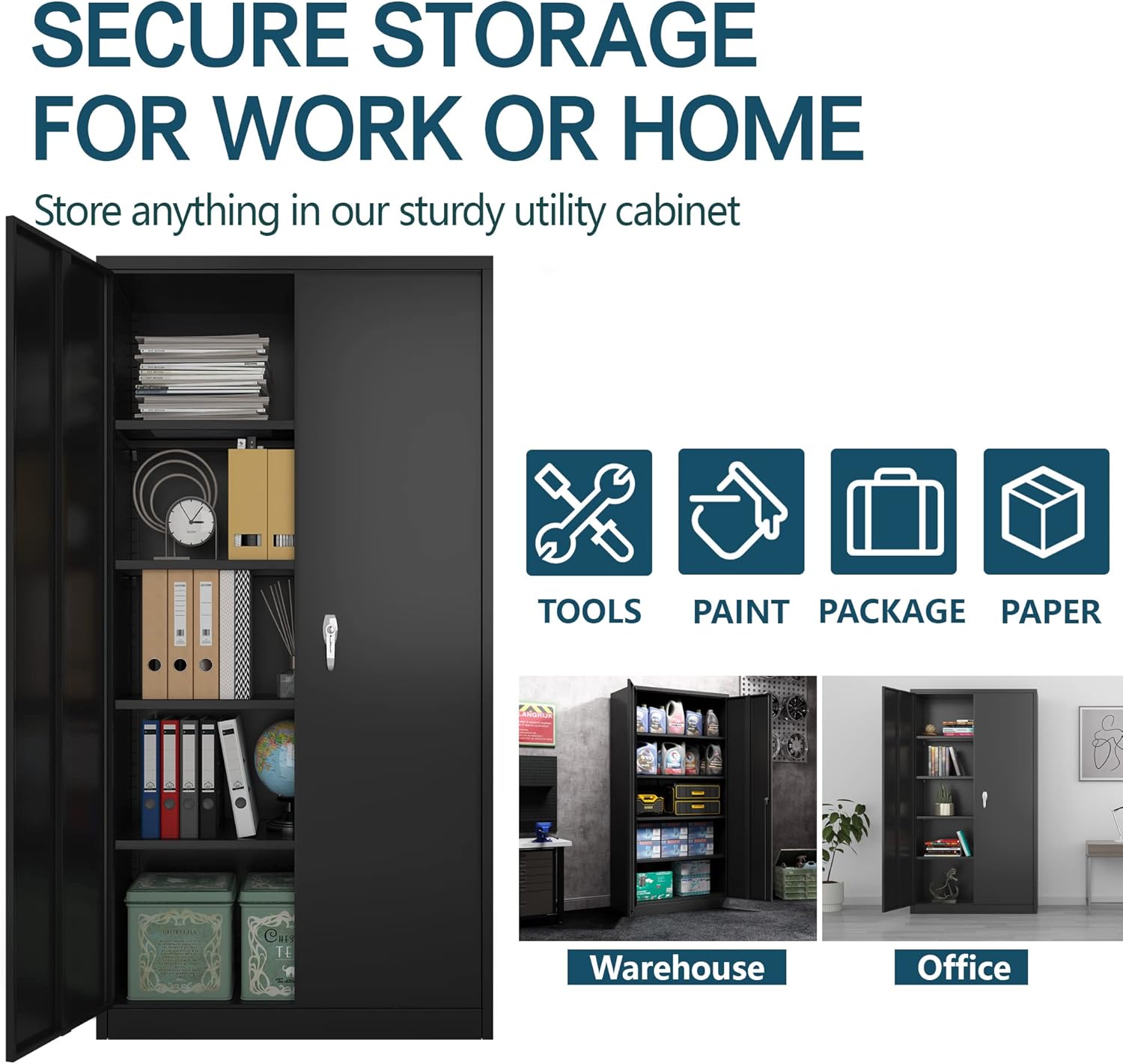 72'' Metal Storage Cabinet,Large Space Lockable Steel Storage Cabinet with 4 Adjustable Shelves,Home Garage Office,Assembly Required