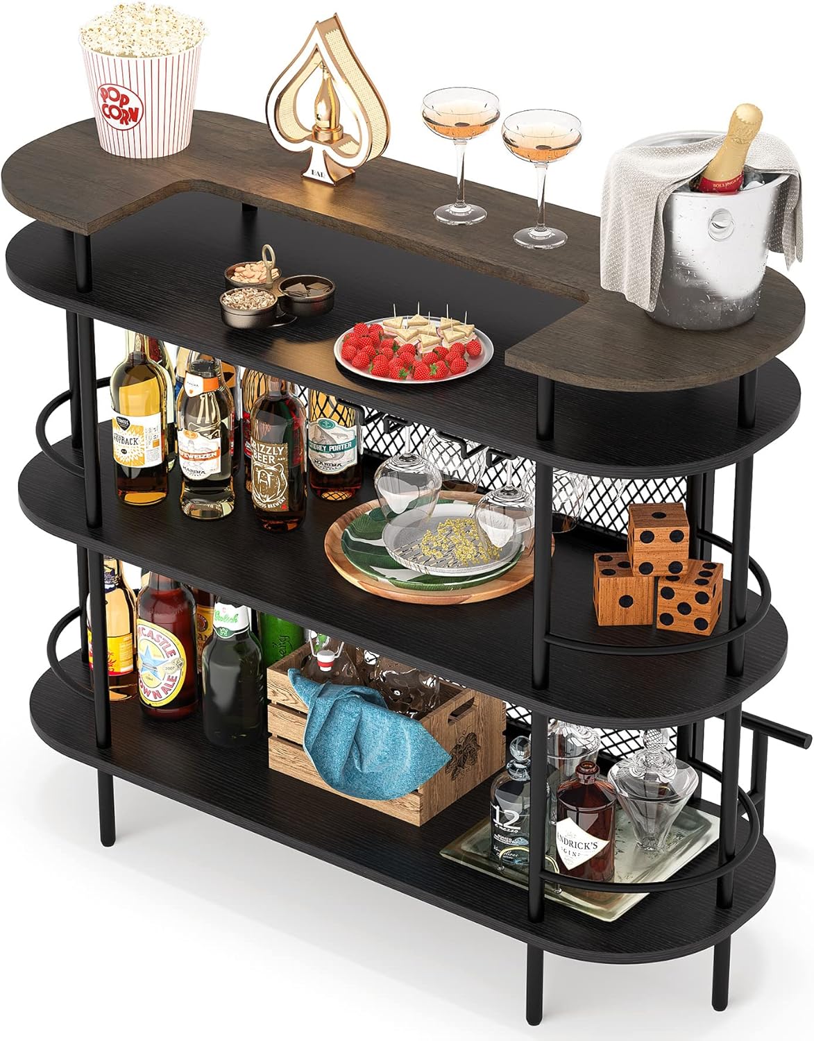 4 Tier Bar Cabinet Bar Unit for Liquor with Storage Shelves, Foot Rail and Wine Glasses Holder for Home/Kitchen/Bar/Pub, Black and Walnut