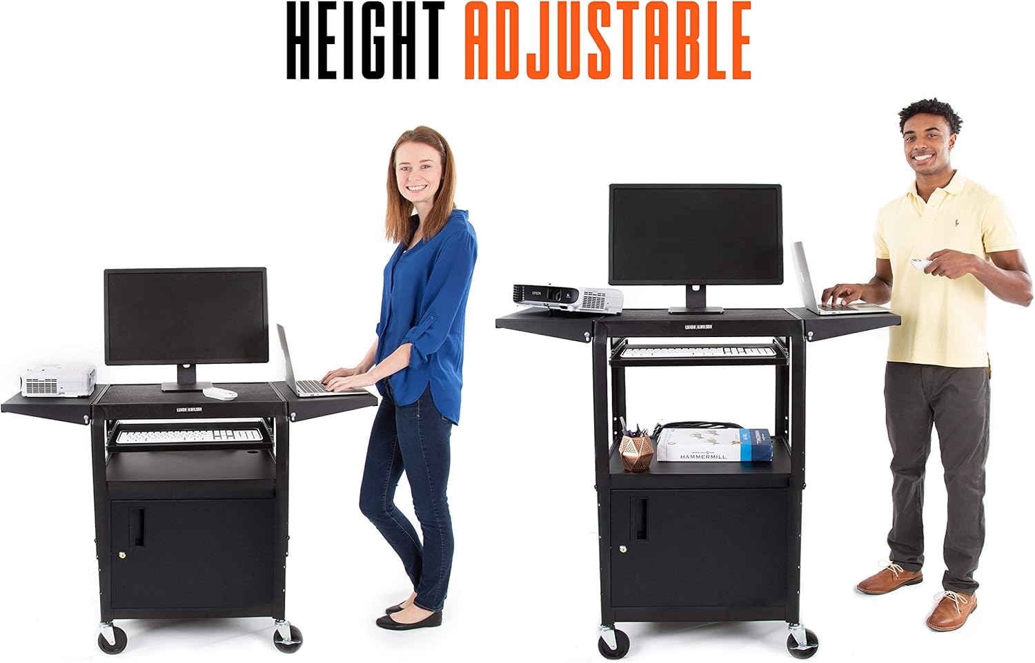 Line Leader Large AV Cart with Locking Cabinet & Drop Leaves | Height Adjustable Utility Cart | Includes Pullout Keyboard Tray & Cord Management | Easy Assembly (54in x 18in x 42in / Black)